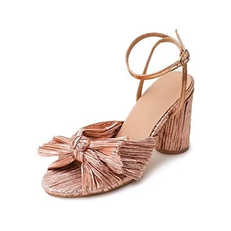 

Women s Pleated Knotted Bow Heeled Sandals Bridal Open Toe Wedding Shoes Ankle Strap Chunky Heels Pump Sandals