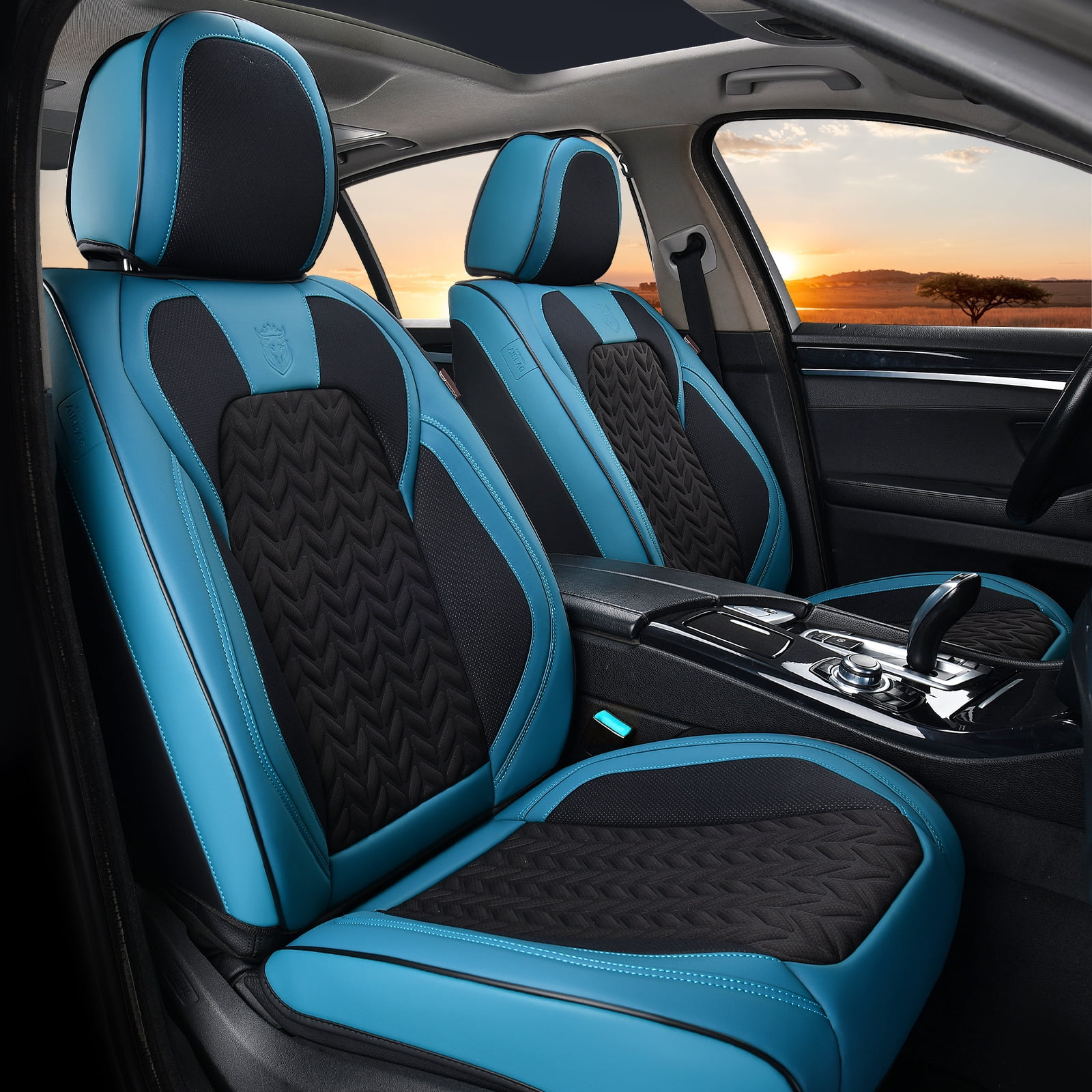 Coverado Black&Blue Car Seat Covers Full Set, Faux Leather Seat Protectors with Embossed Grains, Front and Back Auto Cushions Universal Fit Most Cars, Sedans, SUVs and Trucks