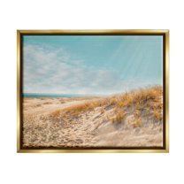 Sandy Ocean Beach Sun Rays Coastal Photograph Metallic Gold Framed Art Print Wall Art