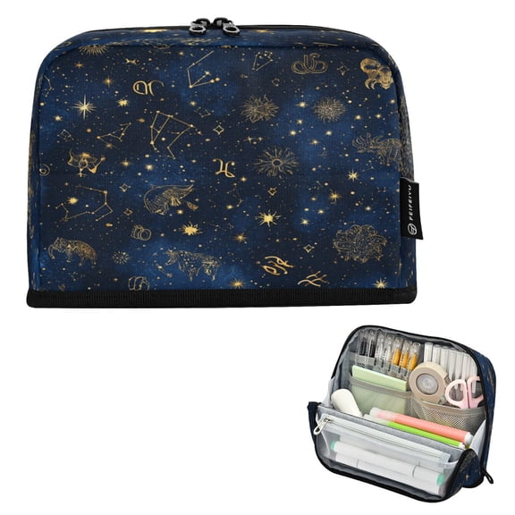 Standing Pencil Case with Base Large Capacity Stationery Pouch Pen Bag with Zipper for Women Men Twinkling Stars and Constellations