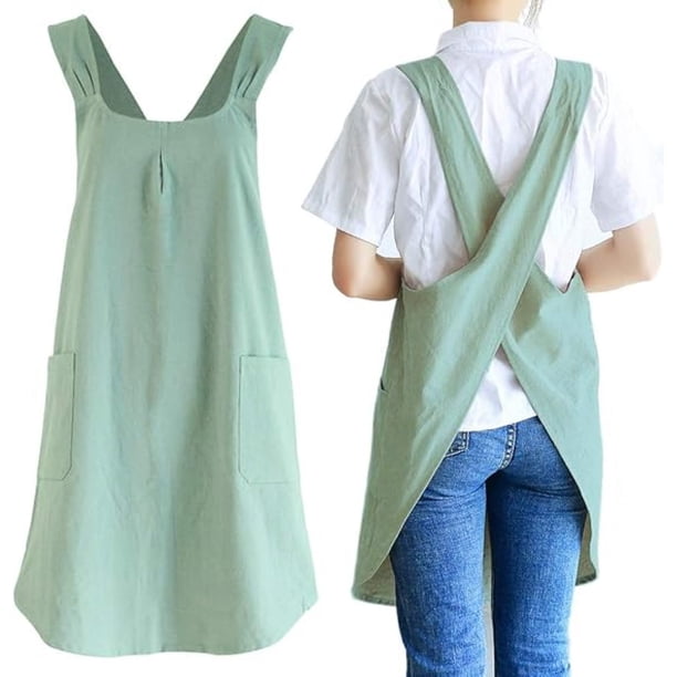 Delantal de Cocina Cruzado Estilo Japonés Lino y Algodón con Bolsillos Unisex para Hornear y Cocinar