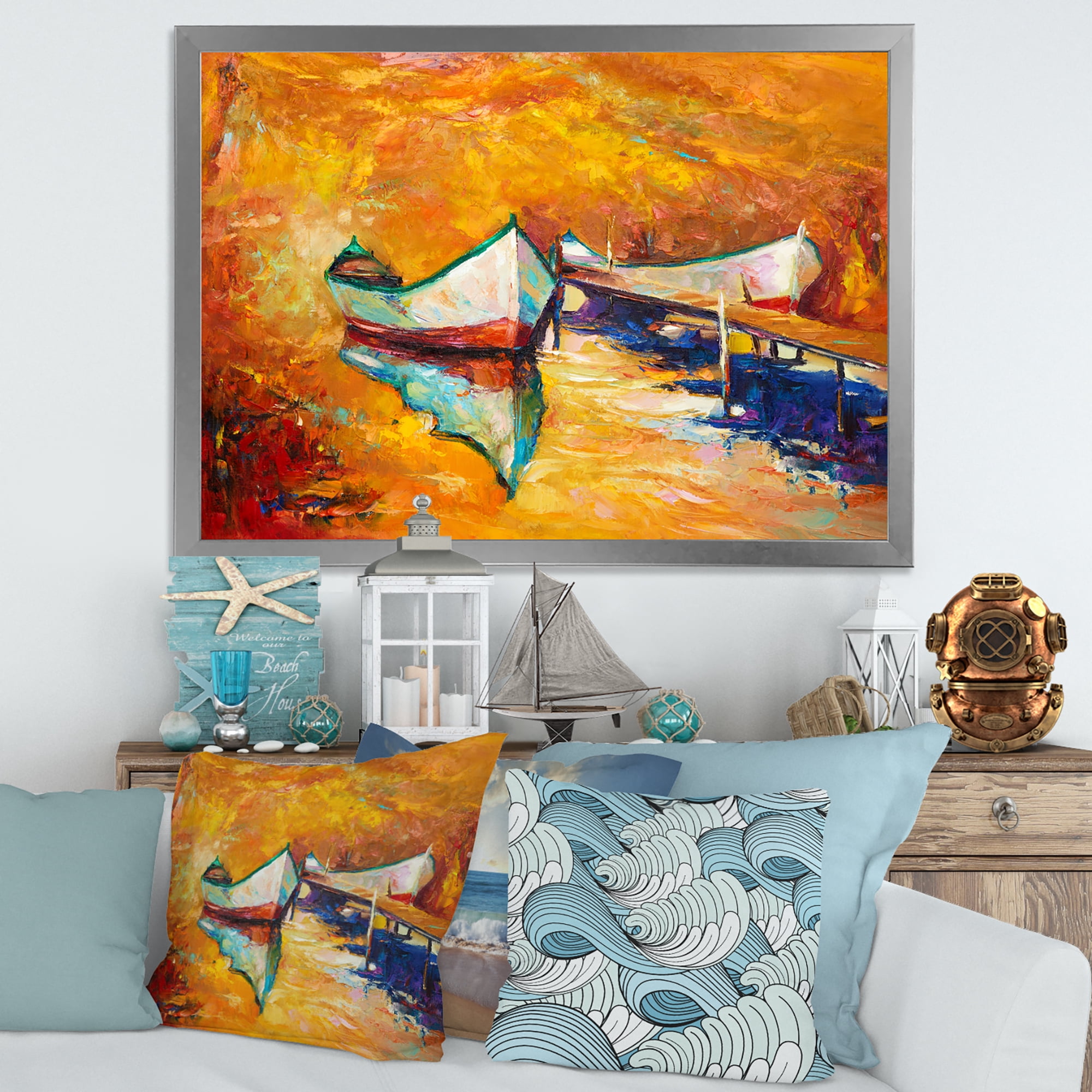 Little Boat During Warm and Orange Evening 40 in x 30 in Framed Painting Canvas Art Print, by Designart