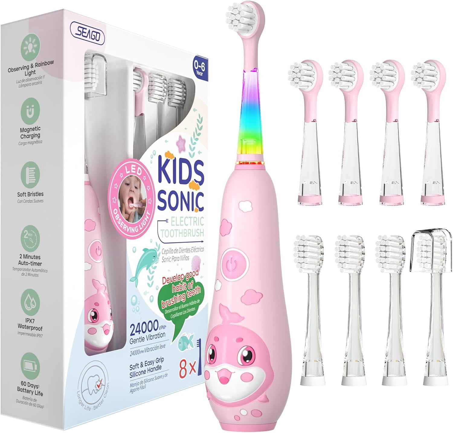 Seago Rechargeable Kids Electric Toothbrush,LED Observing Light,8 Brush Heads,for Kids 3-8 ,SG-2139 Pink