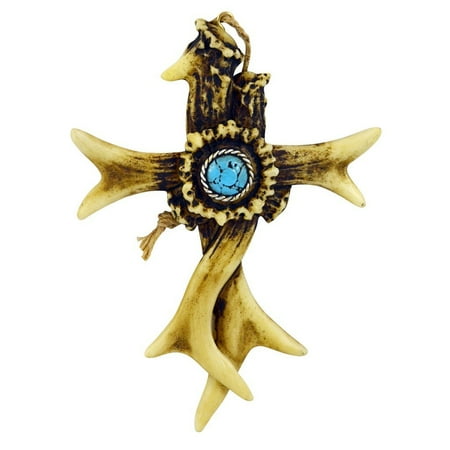 - Pine Ridge Ornament Cross Rustic Shed Antler Turquoise Center Crown Piece - Religious Country Christian Hanging Wall Cross - Car Charm Christening Favors Decor (4