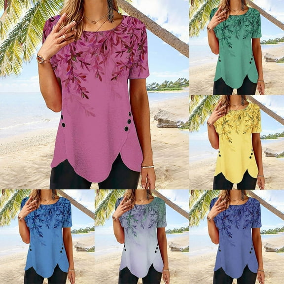 Jacenvly 2024 new ladies plus size tops tunic Loose Women's Printed T-shirt Buttons Short Sleeves Blouse Casual soft Ruffle Trim Flounceround neck blouse summer clothes for women Purple