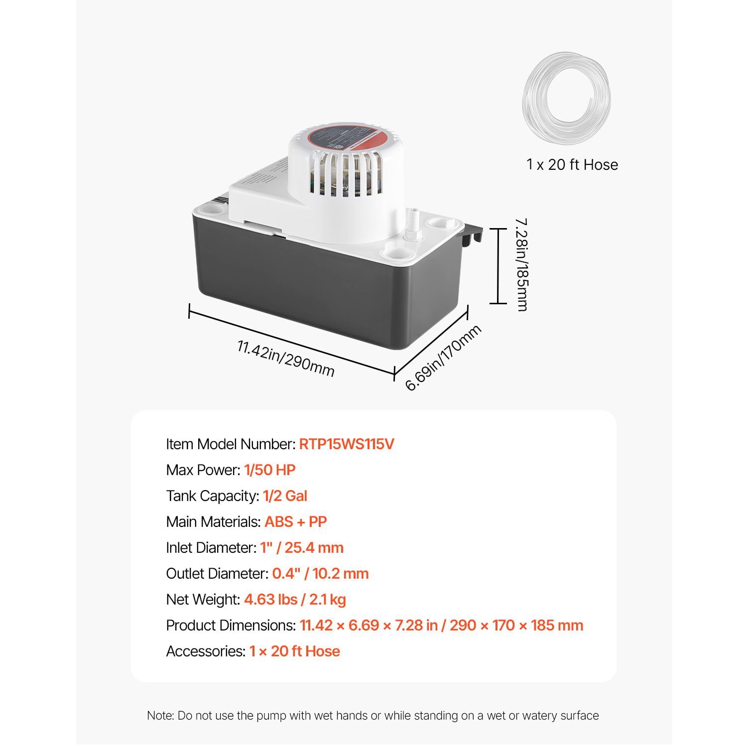 Condensate Removal Pump 1/50 HP, 65 GPH, 24 ft Max Head, 1/2 Gal Tank, Float Switch, for Air Conditioner Dehumidifier