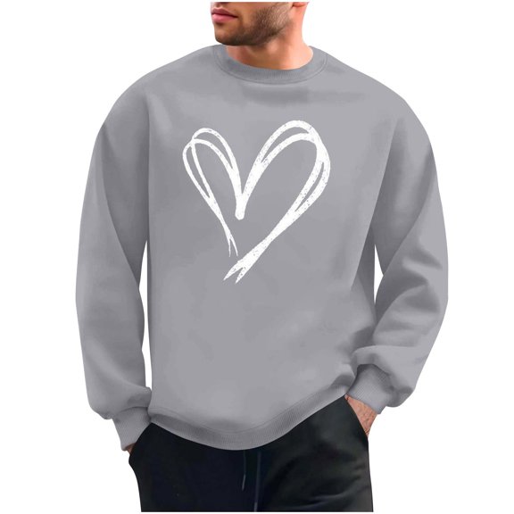 Stamzod Men's Crewneck Sweatshirt Lover Heart Printed Long Sleeve Tops Casual Valentines Sweatshirts for Men Gray B XL