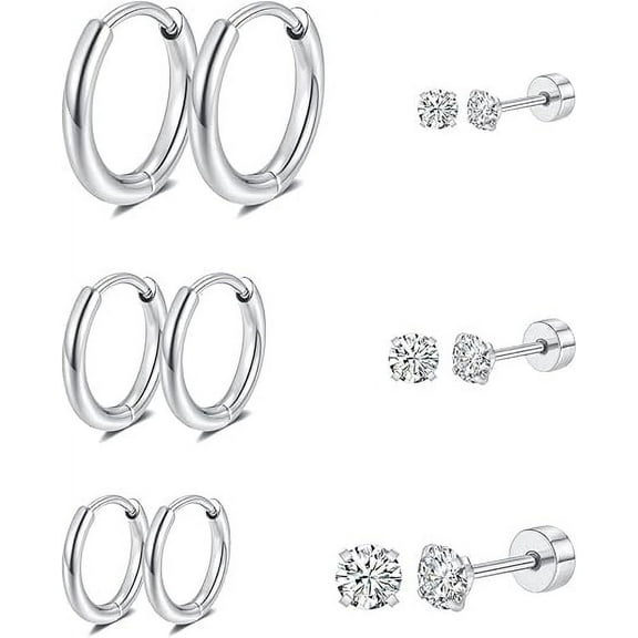Nmkwnr 6 Pairs Round Cubic Zirconia Stud Earrings 316L Stainless Steel Hoop Earrings Flat Back Stud Earrings for Women, Silver