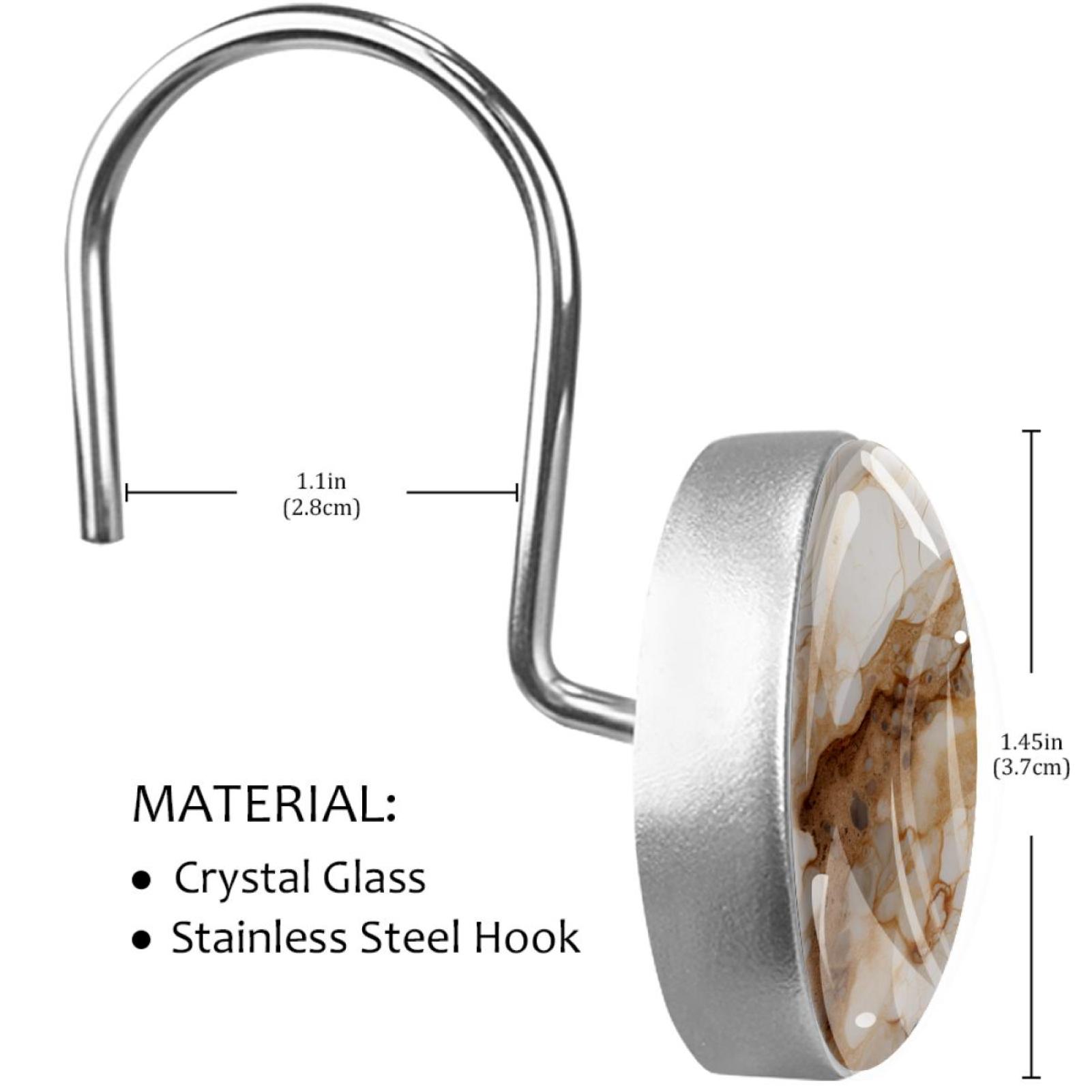 Marble Texture Shower Curtain Hooks （Set of 12） for Home Hotel Shower Rods Bathroom Crystal Glass Print Stainless Steel Round Curtain Hooks