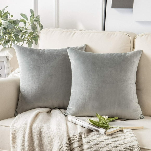 HTOOQ Pack of 2 Velvet Decorative Throw Pillow Covers Soft Solid Square Cushion Case for Couch Mist Grey 22 x 22 inches 55 x 55 cm