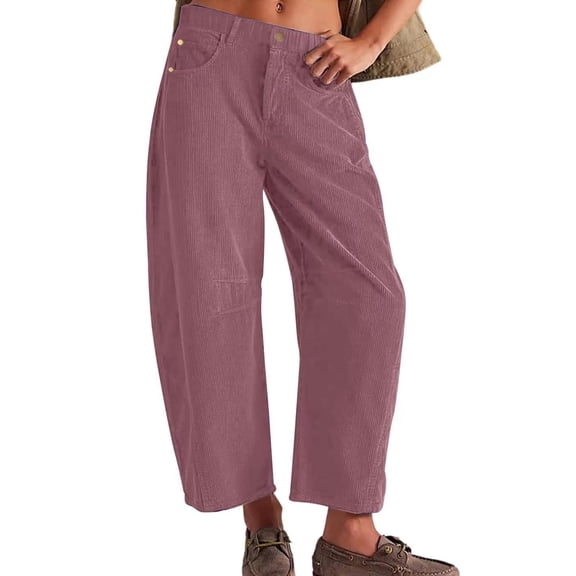 Trendy Women's Corduroy Jeans Cropped Wide Leg Mid-Rise Elastic Waist Fall Pants