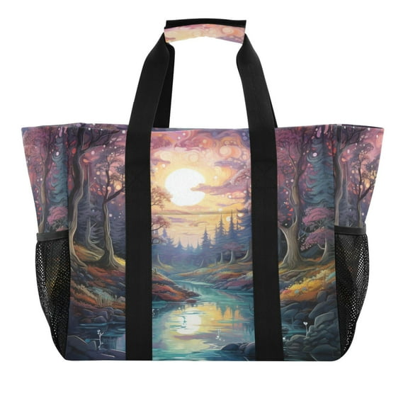 Forest River Sun Reusable Grocery Bags with Handle Side Pocket Waterproof Shopping Portable Tote