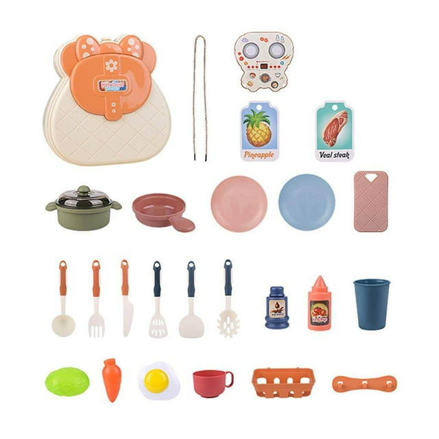 25Pcs Kids Kitchen Toy Set Kitchen Simulation Toys Kitchen Game Accessories Children Shoulder Bag Storage Cookware Toys with Pots Cups Cookers Plate for Boys and Girls