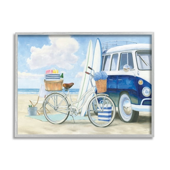 Stupell Industries Bike and Van Beach Nautical Blue White Painting Gray Framed Art Print Wall Art, 24x30, by James Wiens