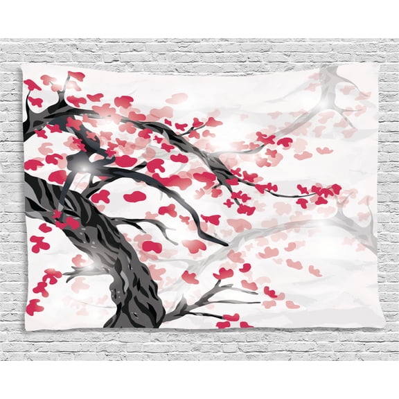 Cherry Blossom Tapestry, Twisted Trunk of Cherry Tree with Blooms in Foggy Sky, Wall Hanging for Bedroom Living Room Dorm Decor, 80W X 60L Inches, Charcoal Grey Dark Coral and Rose, by Ambesonne