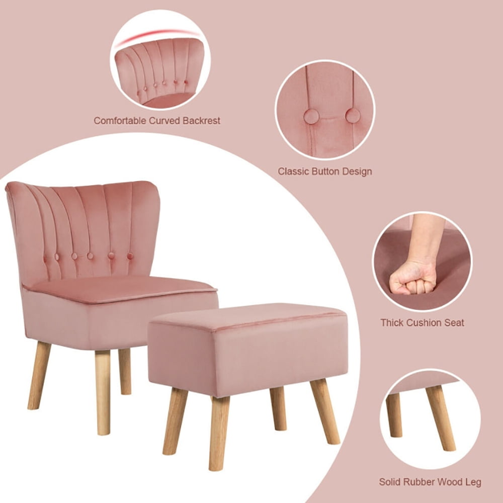 Finihen Velvet Accent Chair, Modern Accent Chair Ottoman Set with Footstool, Thickly Padded, for Living Room, Bedroom, Pink