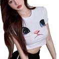 thumbnail image 1 of Femmes Slim Cropped Top Manches Courtes Col Rond Mignon Chat Motif Serré Ajustement Lait Soie Été Top Blanc L, 1 of 8