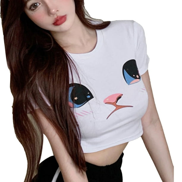 Top ajustado para mujer transpirable suave de manga corta lindo patrón de gato top recortado delgado para el fin de semana ANGGREK Otros