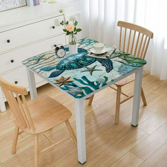 HAOXIT Ocean Turtle Living Room Tablecloth Square, Boho Elastic Edge Fitted Tablecloths, Wipeable Washable Home Decor Polyester Table Cover, for Outdoor Indoor Holiday Party Cloth 36*36