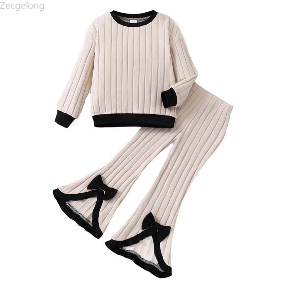 Zecgelong Girls Outfits Set Toddler Ribbed Long Sleeve Round Neck Top With Flare Pants Casual Winter Fall Clothes For Kids Girls Outfits Sets Age 3-4 Years