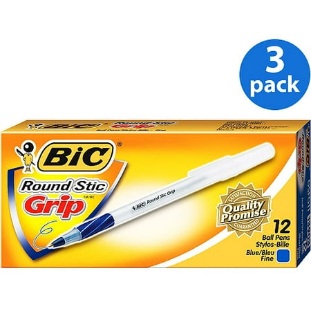 Fine Point Blue Pack - (3 Pack) BIC Round Stic Grip Xtra Comfort, Fine Point (0.8 mm), Blue, 12-Count