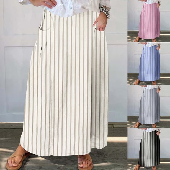 Aboser Pleated Skirts for Women Plus Size Summer Skirt Elegant Elastic High Waist Skirts Casual Maxi Skirt Loose Fit Plain Skirts with Pockets