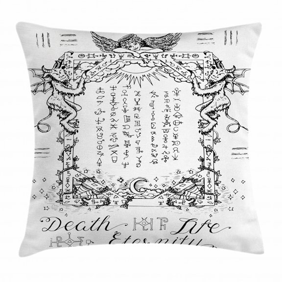 Occult Decor Throw Pillow Cushion Cover, Gothic Medieval Magic and Spell Symbols Eternal Life Ritual Chart Art Theme, Decorative Square Accent Pillow Case, 18 X 18 Inches, White Black, by Ambesonne