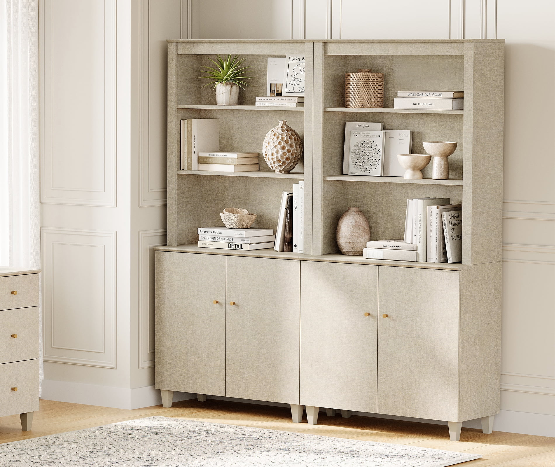 WAMPAT Modern 71" Tall Bookcase with Cabinets, 2 Column 5 Tiers,Beige