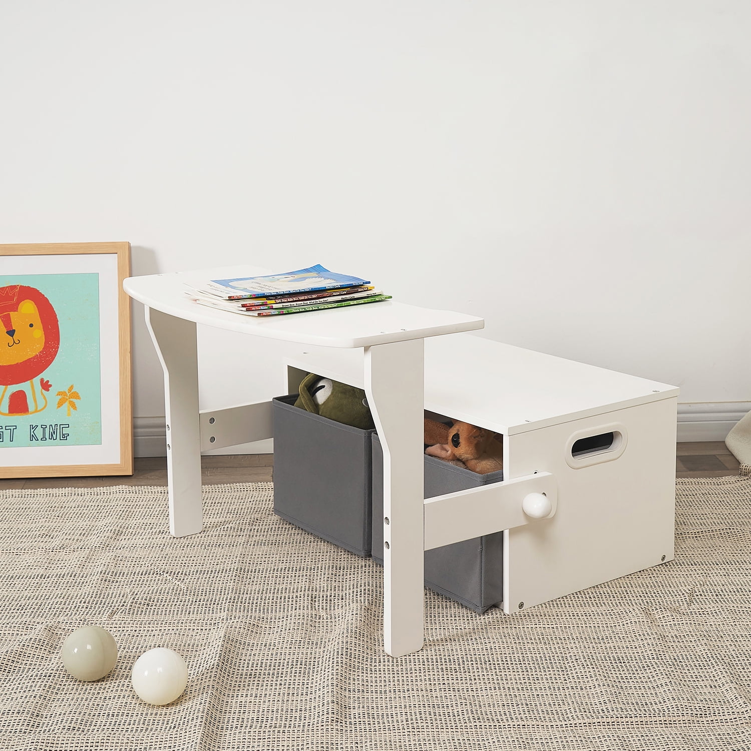 3 in 1 Childrens Furniture One Small Multifunctional Bench or Table Beech Wood White Stained 