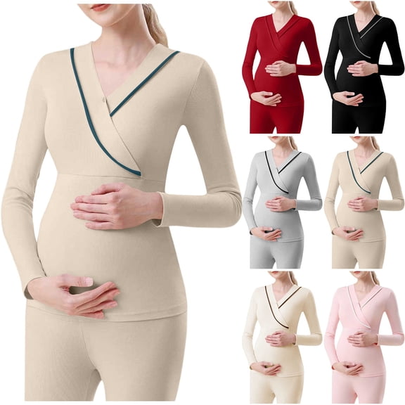 Hesxuno Women Casual Maternity T Shirts Wrap V Neck Long Sleeve Nursing Tops Basic Cotton Solid Home Tees Comfy All-stage Pregnancy Outfit Khaki L