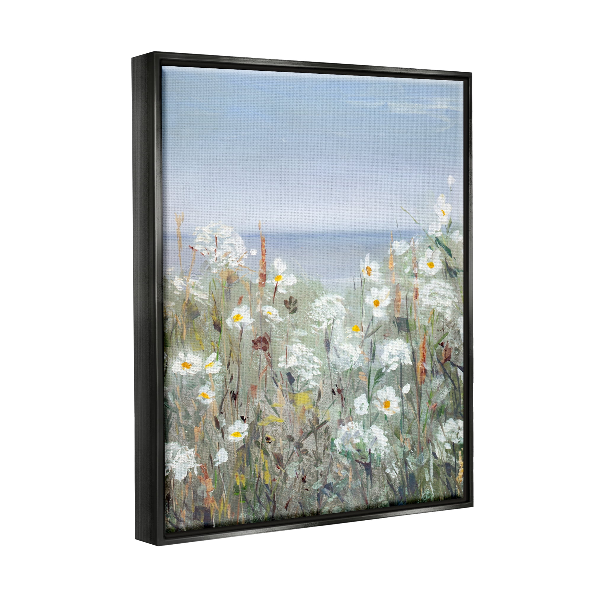 Stupell Industries Spring Daisy Flower Blooms Beachside Ocean View Painting Jet Black Floating Framed Canvas Print Wall Art, Design by Sally Swatland