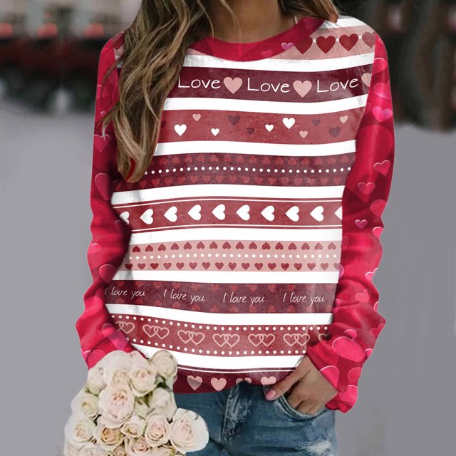 Qiopertar Chandails de la Saint-Valentin pour Femmes Col Rond Chandails en Molleton Graphiques Pull Cœur Décontracté Manches Longues Cadeau Hauts Blouse Liquidation Livraison Gratuite jusqu'à 90 % de Réduction