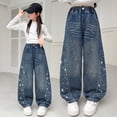 thumbnail image 2 of Purcolt Girls' Wide Leg Jeans Trendy Sparkly Elasitc Waisted Baggy Denim Pants Y2K Vintage Loose Fit Pants Streetwear Trousers with Pockets for 4-15 Years, 2 of 8