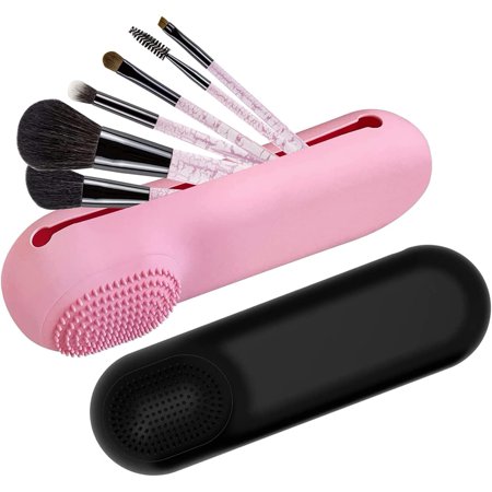 Travel Makeup Brush Holder, Makeup Brush Holder Case,Full Sized & Larger Brushes Fit,Cosmetic Brush Holder Organizer,Silicon Make Up Brush Container for Travel,Daily Use(Black & Pink)