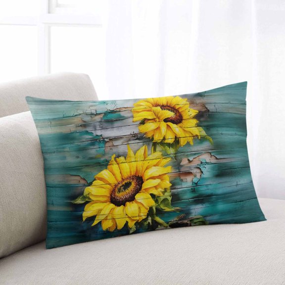 Sunflowers Queen Size Pillow Cover,Pillowcase Protectors with Zipper,Breathable Decorative Throw Pillow Case Cover,Farmhouse Retro Botanical Floral Wooden Grain Pillow Shams for Couch Sofa 20x30Inch