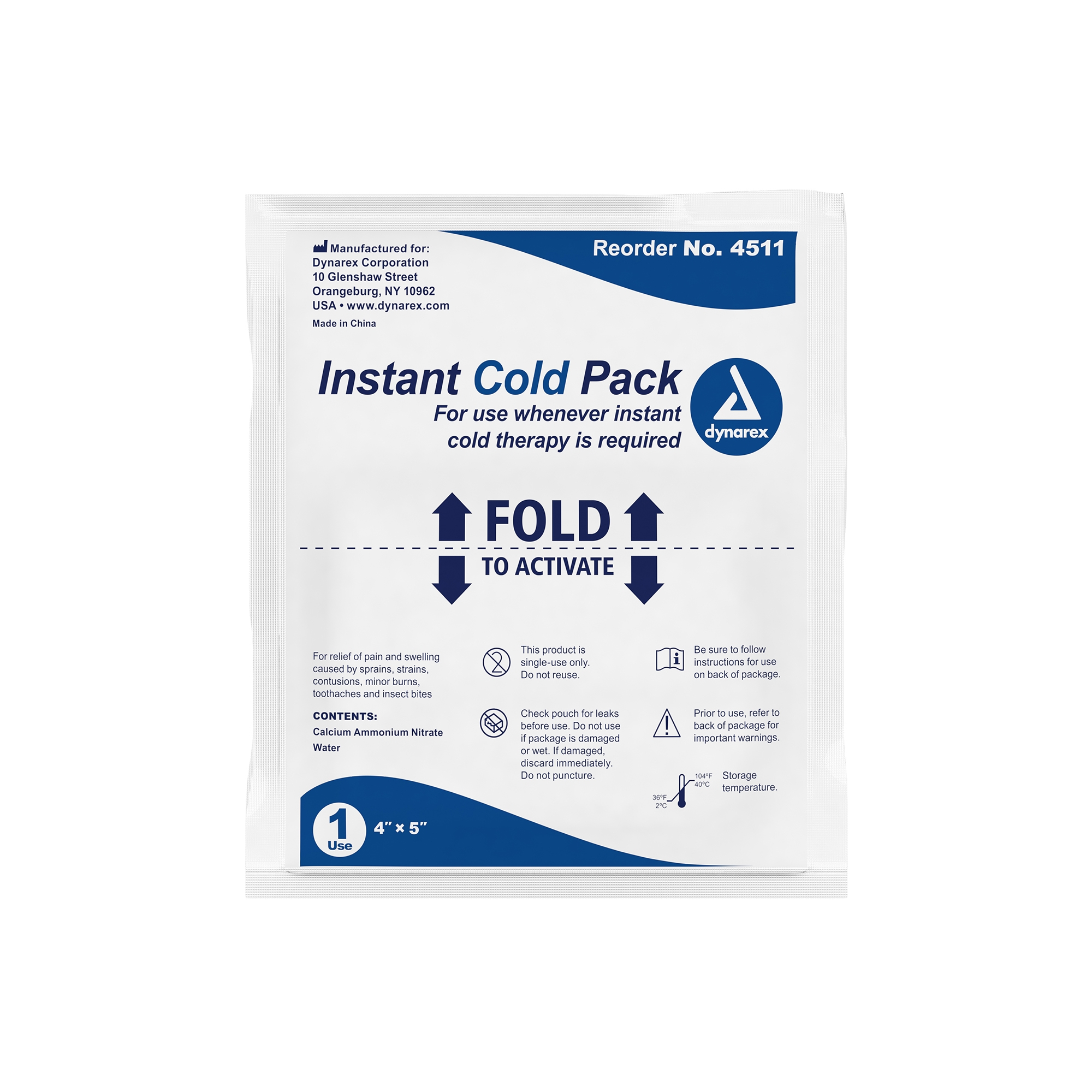 Dynarex Disposable Plastic / Calcium Ammonium Nitrate / Water 4 x 5" Instant Cold Pack 4511 24 per Case