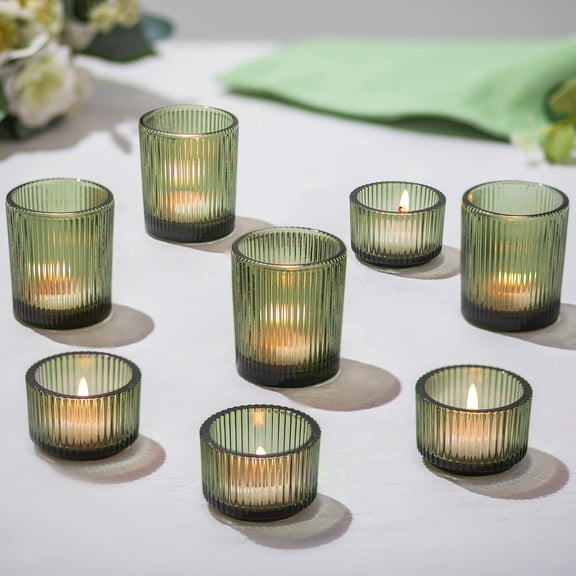 Glasseam Set of 8 Glass Votive Tealight Candle Holder: Small Green Tea Light Holders Decorative Ribbed Tea Lights Holder for Table Centerpiece Wedding Christmas Dining Room Mantle Decor