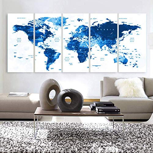Original By Boxcolors Xlarge 30 X 70 5 Panels 30 X14 Ea Art Canvas Print Watercolor Map World Countries Cities Push Pin Travel Royal Blue Wall Decor Home Interior Framed 1 5 Depth Walmart Com