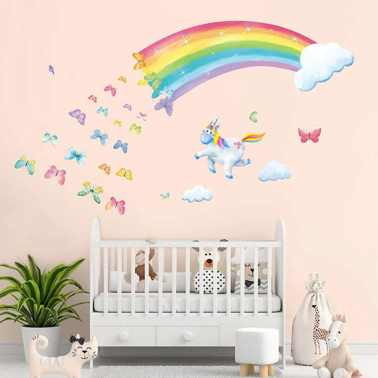 Rainbow Wall Decals Unicorn Rainbow Butterflies Clouds Wall Stickers Baby Nursery Girls Bedroom Living Room Wall Decor
