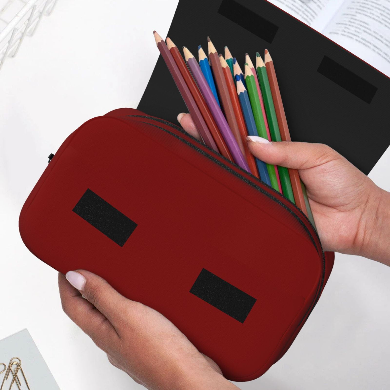 Rateoe Maroon Pattern Double Clamshell Pen Case, Storage Organizer with Two Zipper Compartments– Holds Up to 50 Pencils & Pens