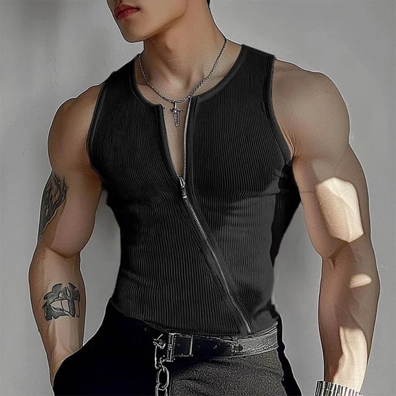 Kakii Men's Slim Fit Ribbed Tank Top with Asymmetric Full Zipper – Solid Color Crew Neck Sleeveless Shirt for Sexy & Stylish Look