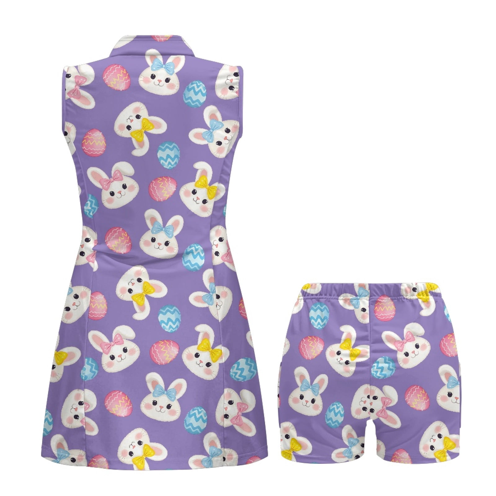 COEQINE Easter Bunny Egg Bow Purple Print Women's Tennis Dress with Built in Shorts and Pockets Stand Collar Sleeveless Exercise Dresses Zip Up Soft Golf Outfits with 2 Piece Set, M
