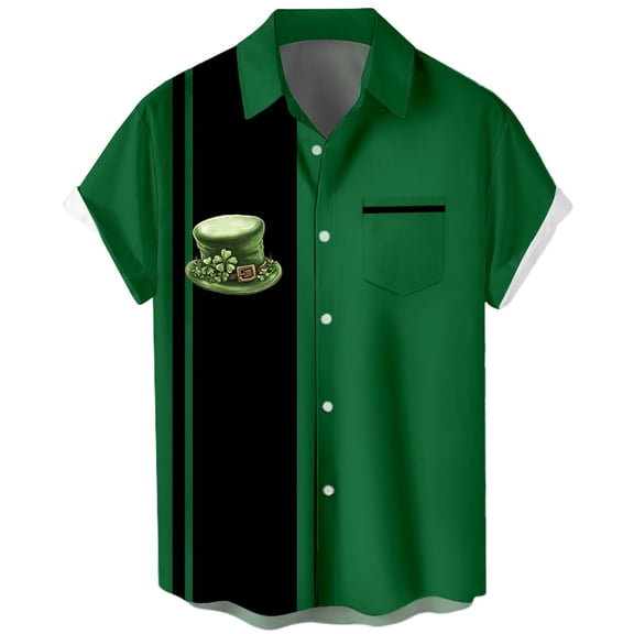 QQAMB Shirts for Men St Patricks Day Hawaiian Bowling Short Sleeve Shamrock Printed Regular Beach Button Down Shirts Green M