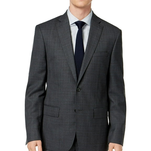 DKNY Mens Plaid Two Button Blazer Jacket, Grey, 44 Long