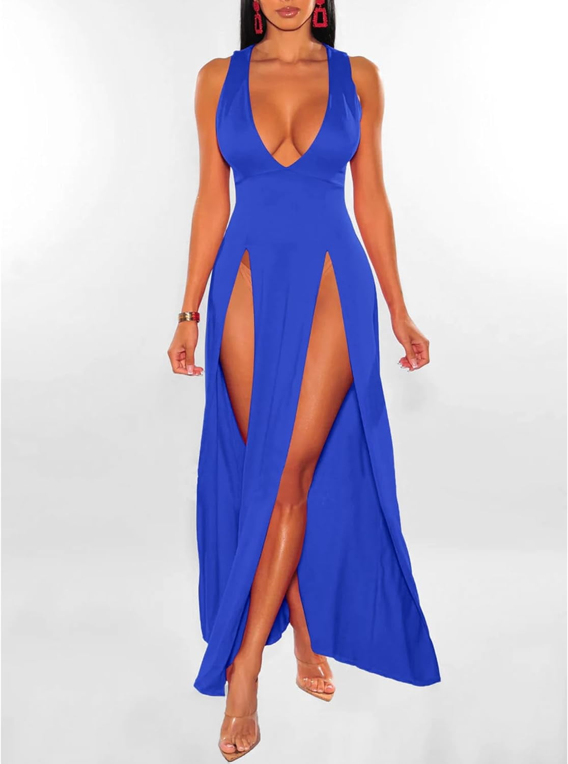 HLSOHJP Women's Double Slit Maxi Tank Dress Sleeveless Deep