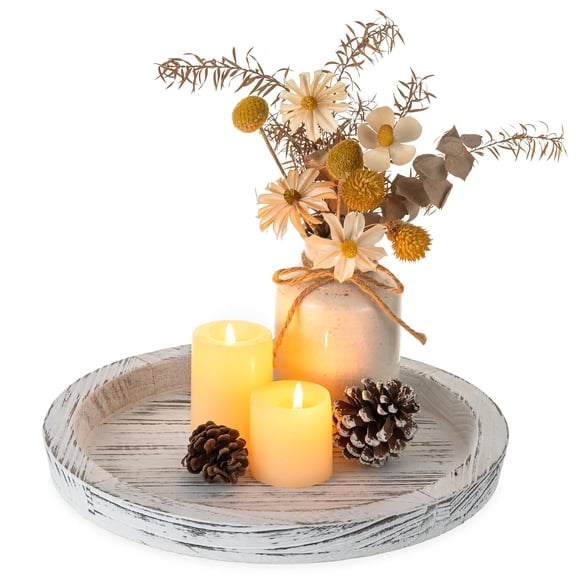 Rustic White Wooden Tray for Coffee Table: Candle Holder Plate Round Decorative Serving Tray - Vintage Table Centerpiece Rustic Farmhouse Home Decor