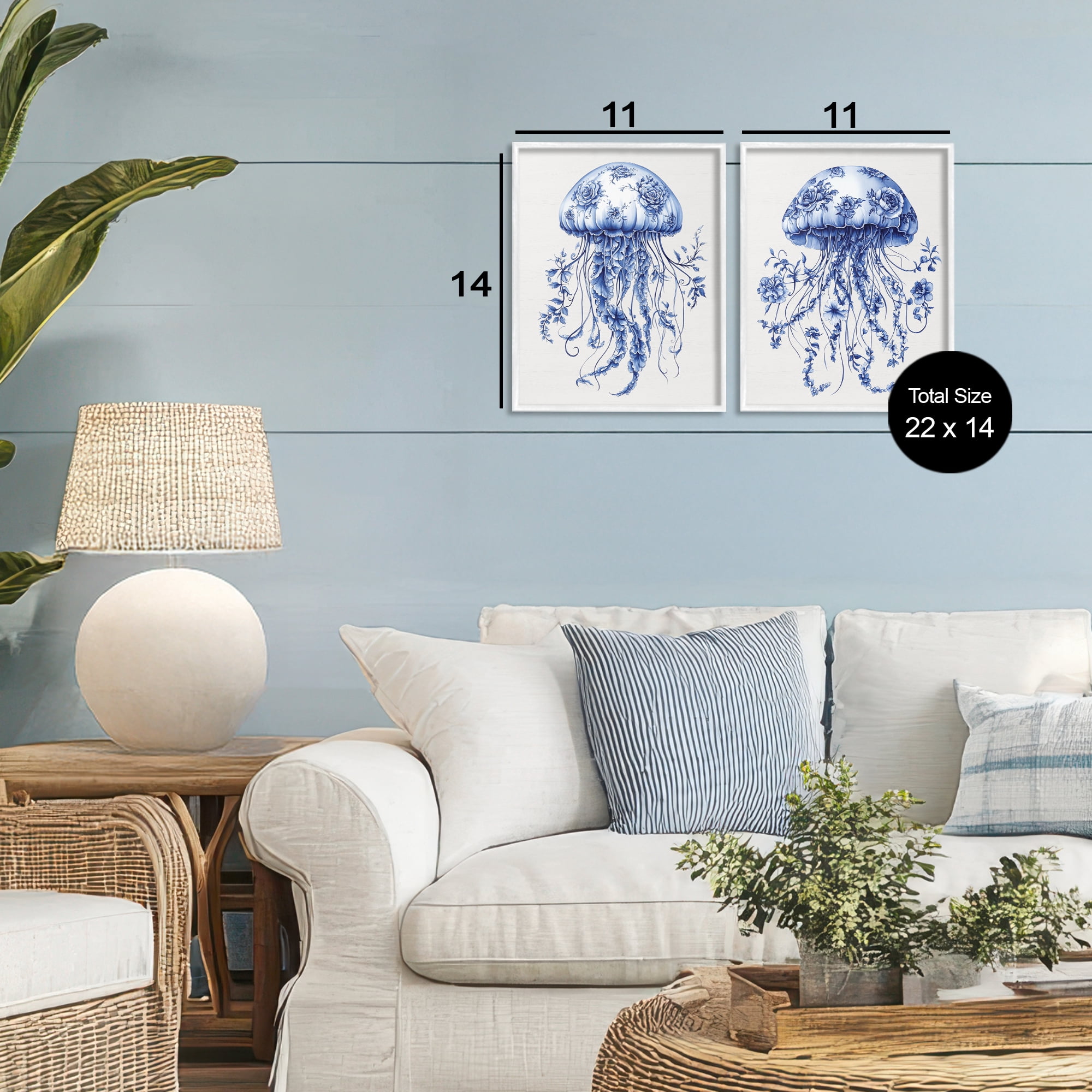 Funky Florals Toile Jellyfish 2 Piece White Framed Giclee Art Set, design by Lettered and Lined