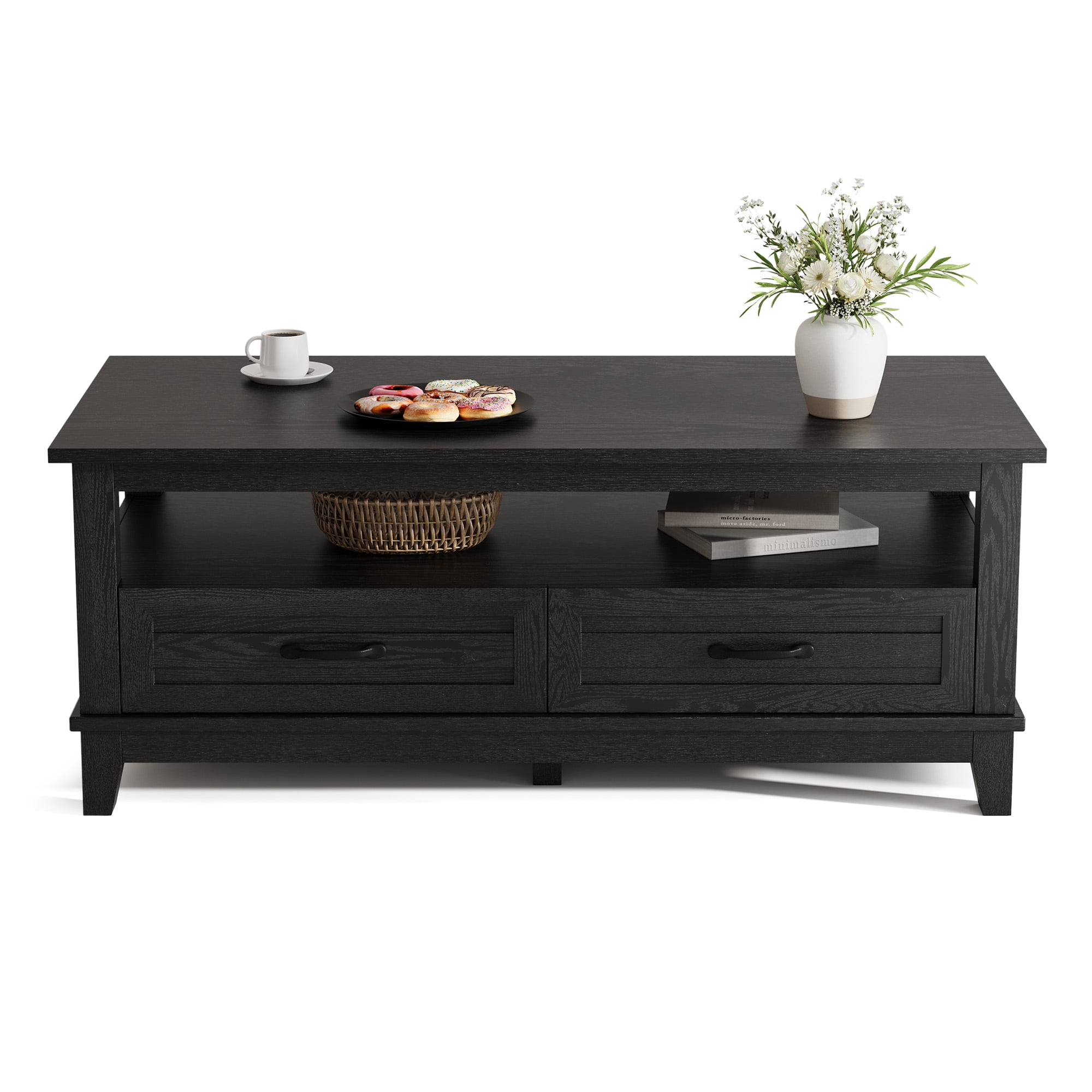 Farmhouse Coffee Table with Storage, Wood Coffee Table for Living Room, Open Display Area and Storage Drawers with Handles, Chic Style for Office, Parlor, Reading Room