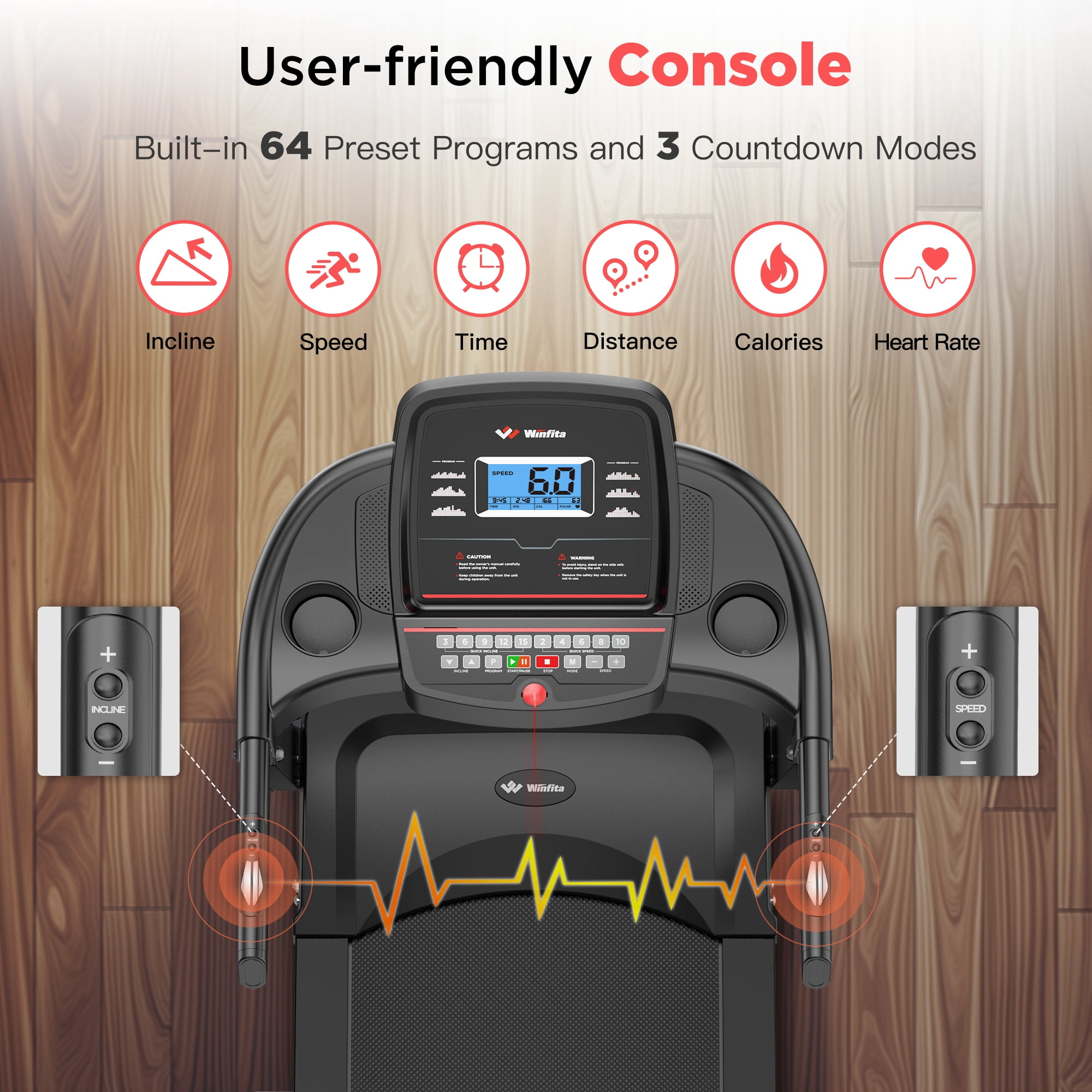 Winfita Treadmill with Incline 300 Lbs Capacity, Automatic Incline Treadmills for Home, Portable Walking Treadmill with Handles, Electric Folding Workout Treadmills