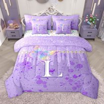 Manfei Initial Ombre Butterfly L 7-Piece Twin Bedding Sets for Female Men Women,Purple Bling Glitter Bedding Comforter Set,Dreamy Princess Breathable Sheet Sets,Microfiber Bedroom Decor